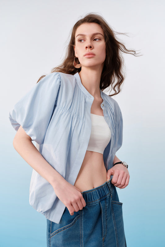 G2000 WOMAN-stand-collar-short-sleeve-blouse-61243421-Blue