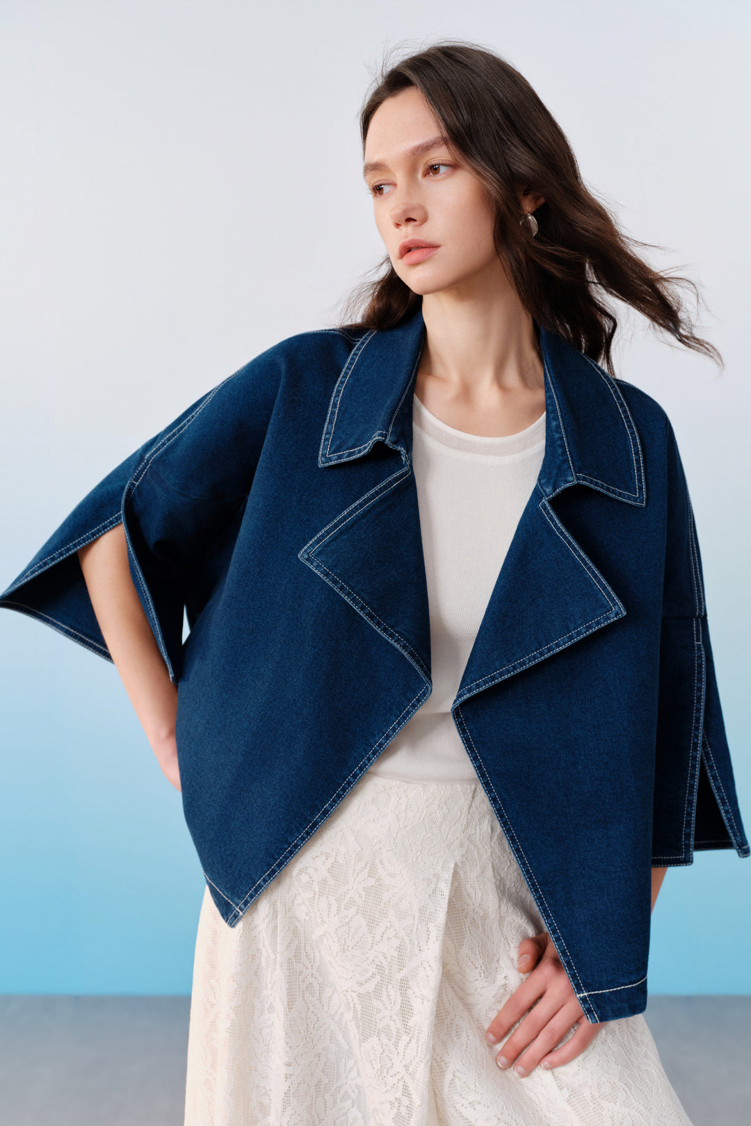 G2000 WOMAN-trench-coat-collar-three-quarter-sleeve-jacket-61283020-Blue