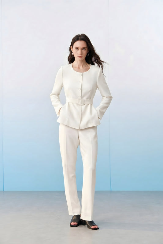 BLAACK | Machine Washable | Round Neck 圓領套裝西裝外套(配可拆卸自布腰帶)