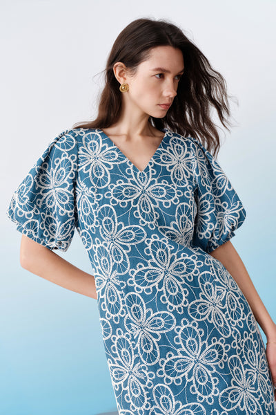 BLAACK WOMAN-blaack-v-neck-voluminous-puff-sleeves-dress-61933092-Blue