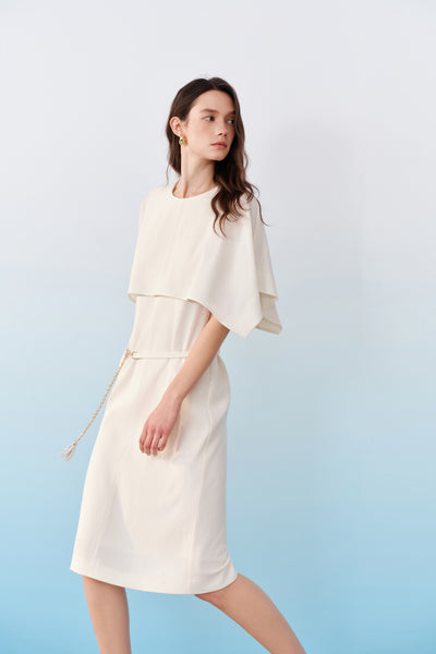 BLAACK WOMAN-blaack-round-neck-cap-sleeve-dress-with-matching-color-metal-chain-belt-with-tassel-details-61937122-White