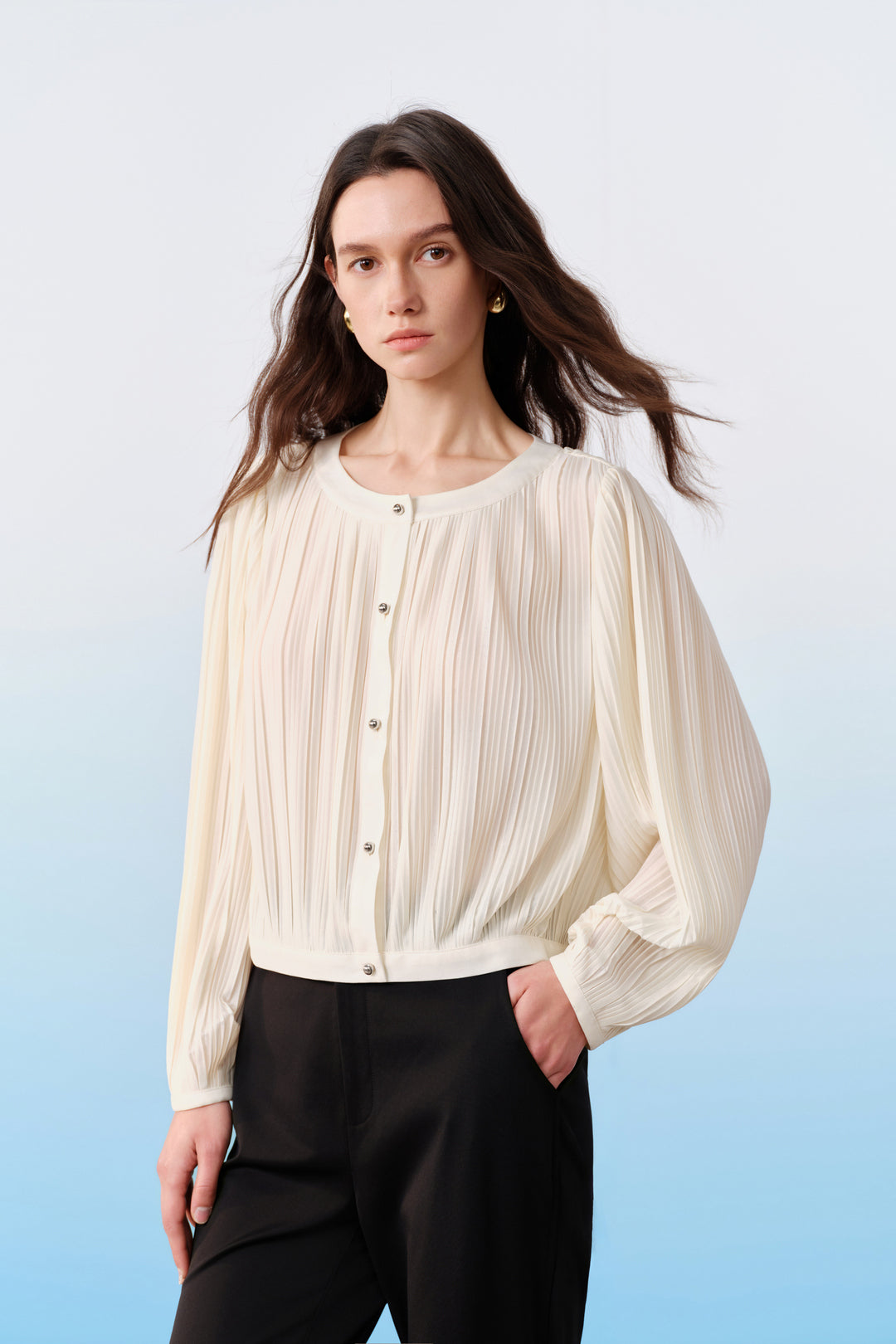 BLAACK WOMAN-blaack-round-neck-drop-shoulder-long-sleeve-blouse-61941000-White