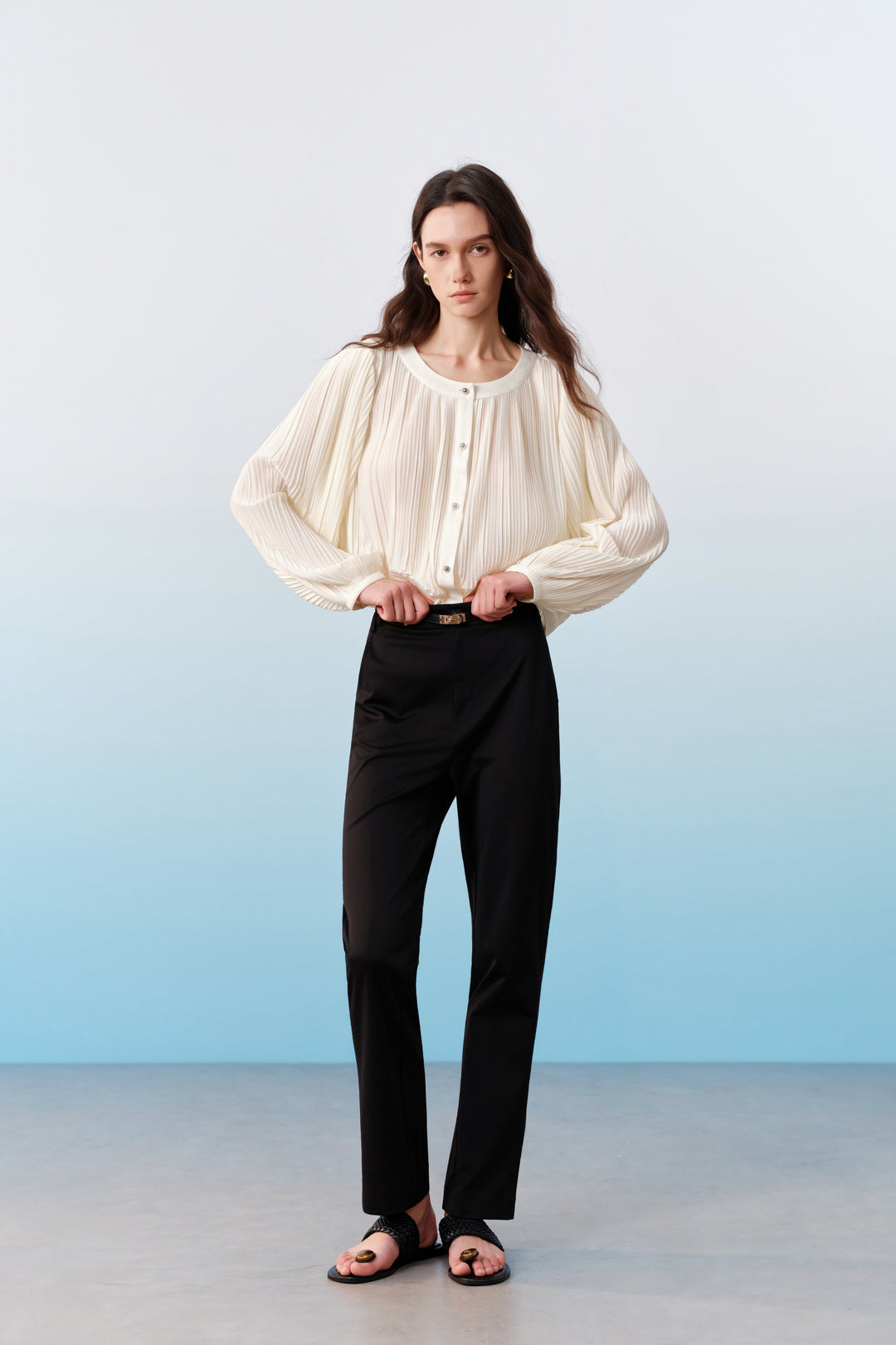 BLAACK | Round Neck Drop-Shoulder Long Sleeve Blouse