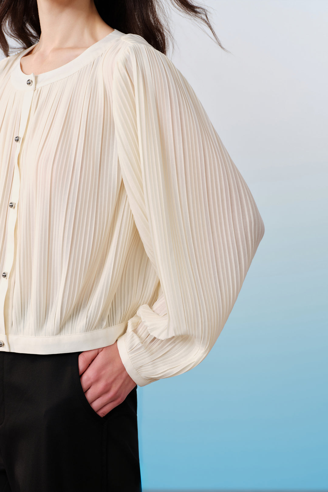 BLAACK | Round Neck Drop-Shoulder Long Sleeve Blouse