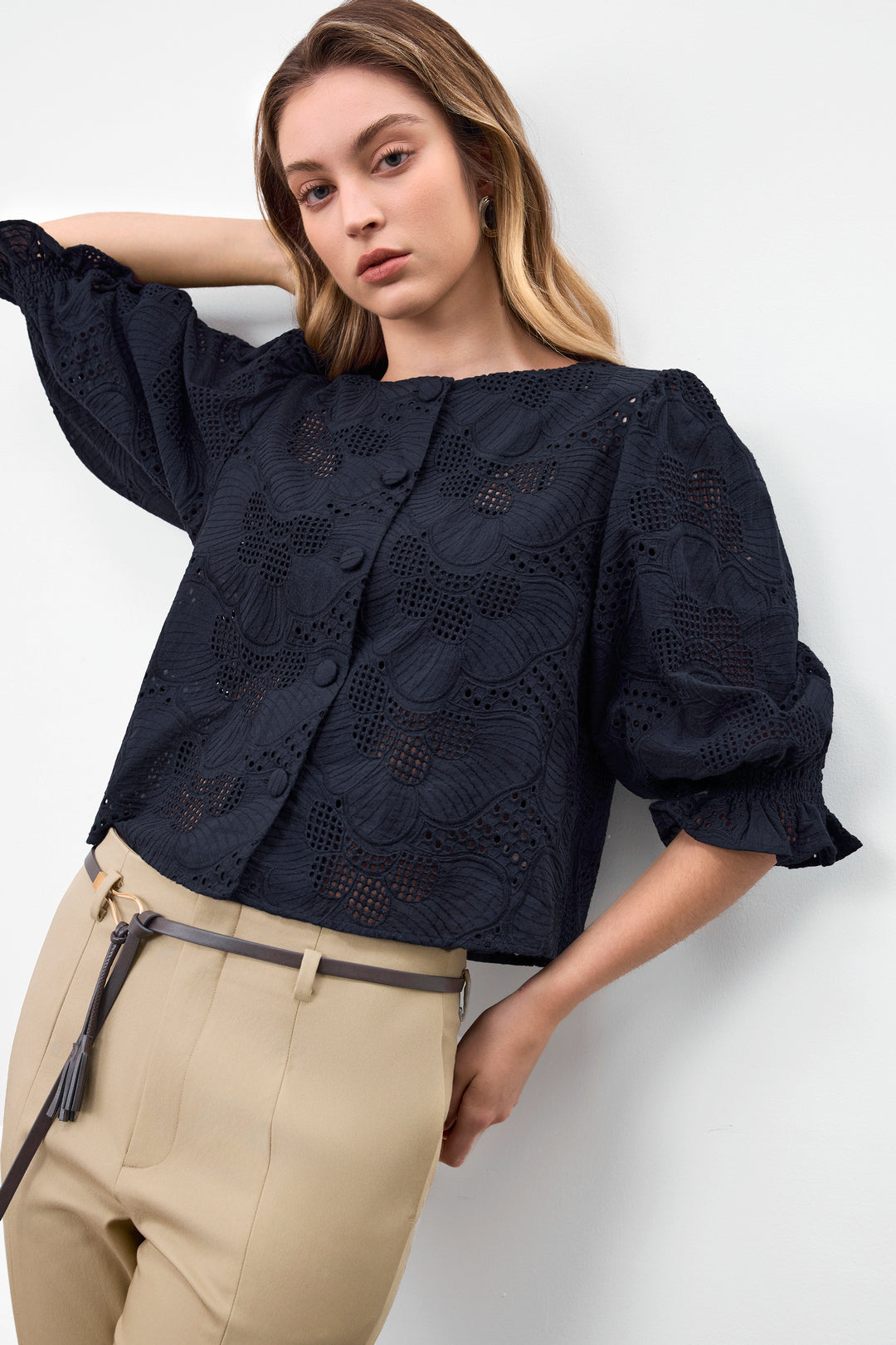 BLAACK WOMAN-blaack-100%-cotton-round-neck-blouse-63943401-Blue