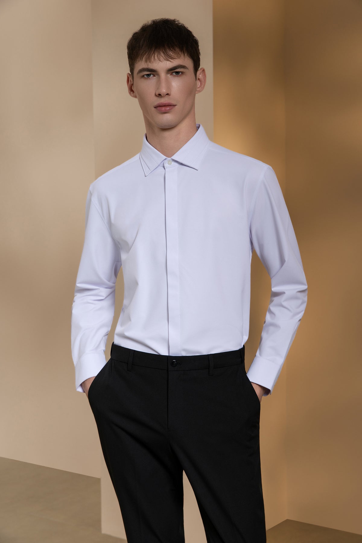 G2000 MAN-non-iron-herringbone-long-sleeve-dress-shirt-66123402-White