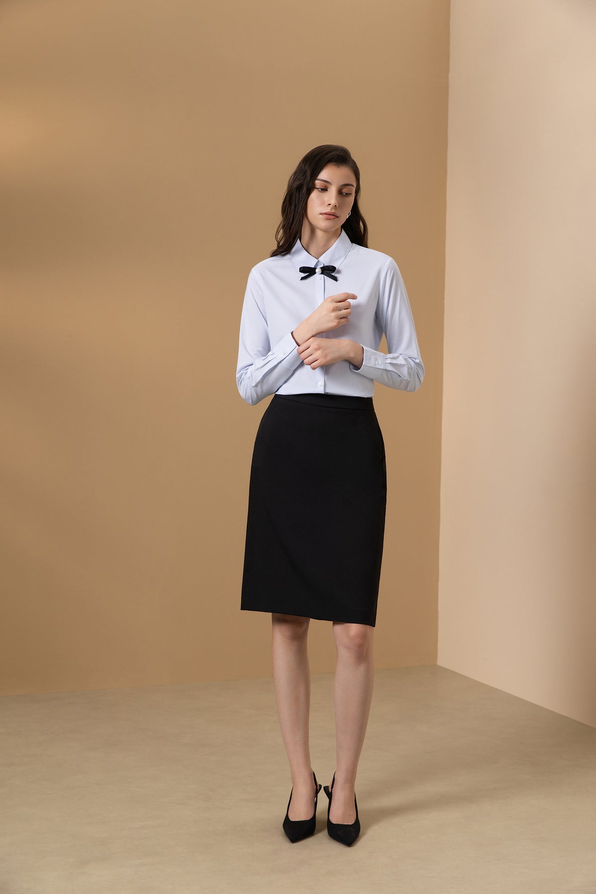 G2000 WOMAN-easy-ironing-striped-long-sleeve-dress-shirt-(with-detachable-bow-tie)-66221113-Blue
