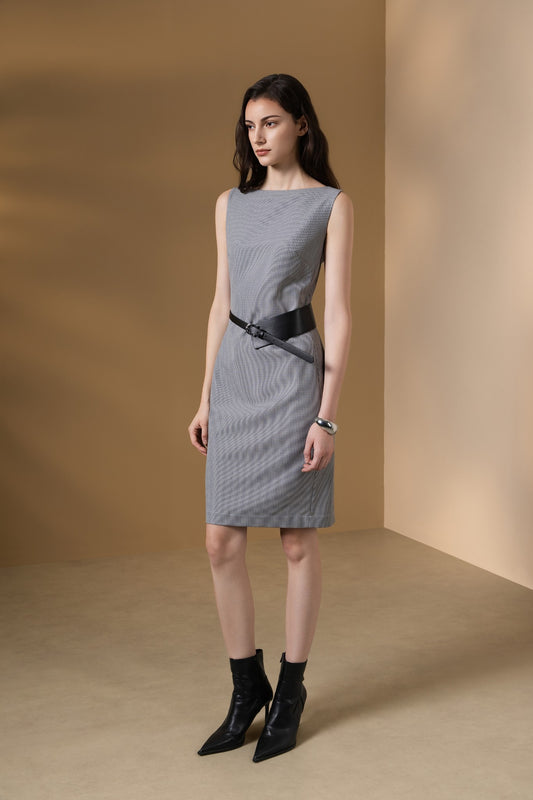 G2000 WOMAN-houndstooth-round-neck-dress-(with-belt)-66232145-Black