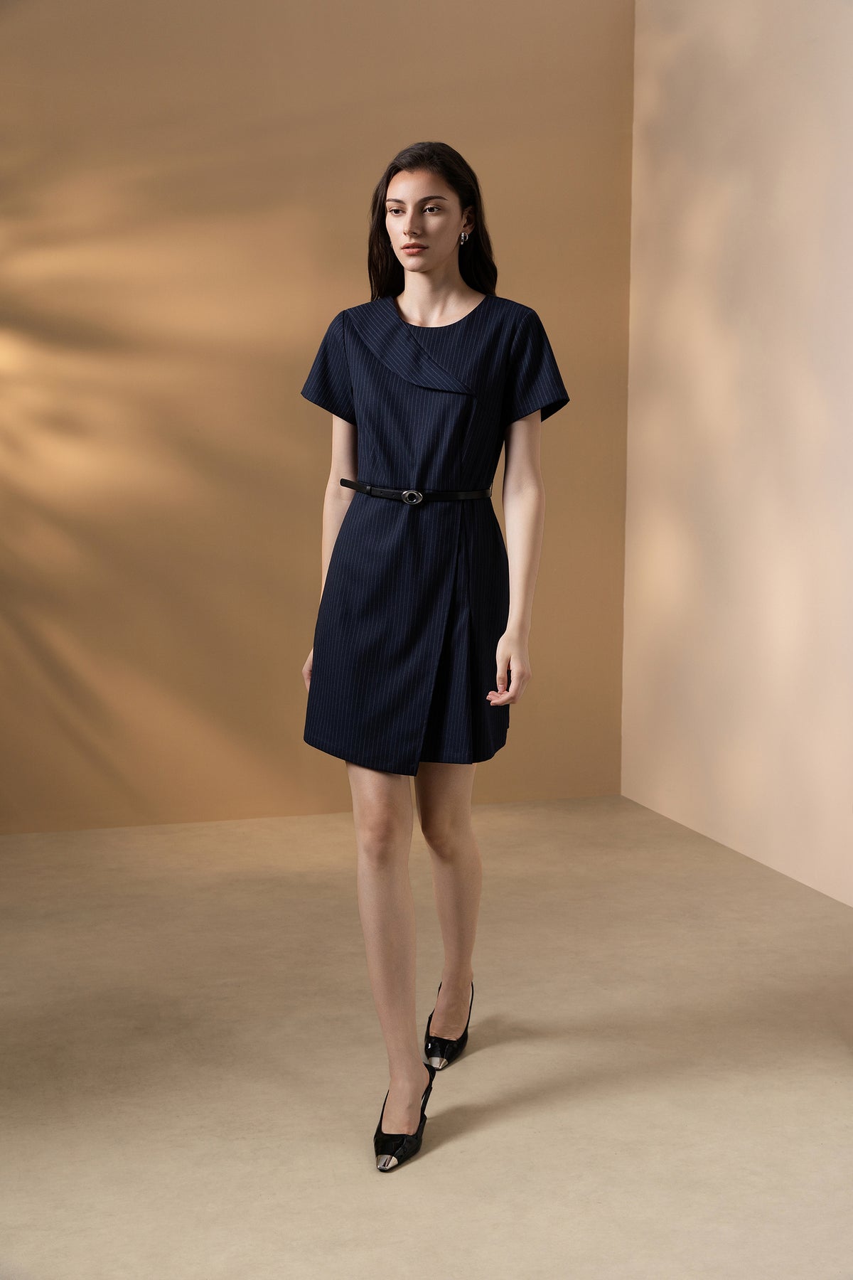 G2000 WOMAN-striped-asymmetric-lapel-dress-(with-belt)-66232222-Blue