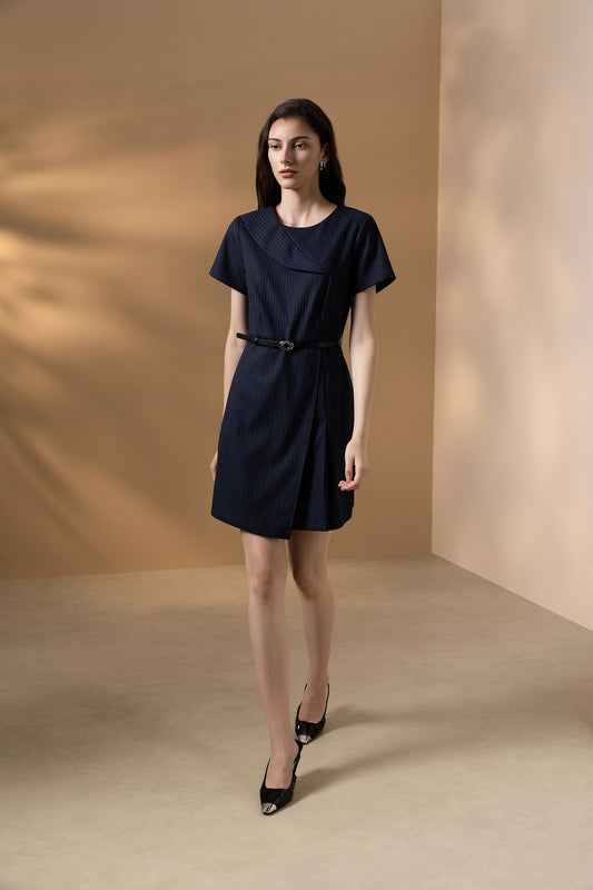 G2000 WOMAN-striped-asymmetric-lapel-dress-(with-belt)-66232222-Blue
