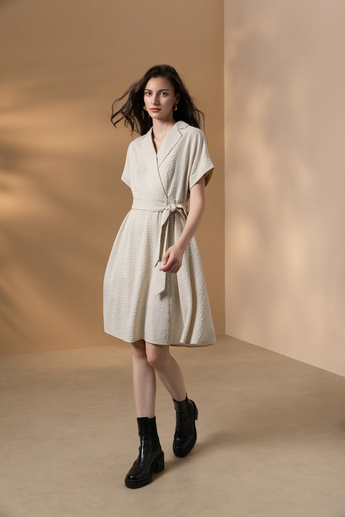 G2000 WOMAN-lapel-collar-machine-washable-dress-(with-detachable-self-fabric-belt)-66233286-Beige