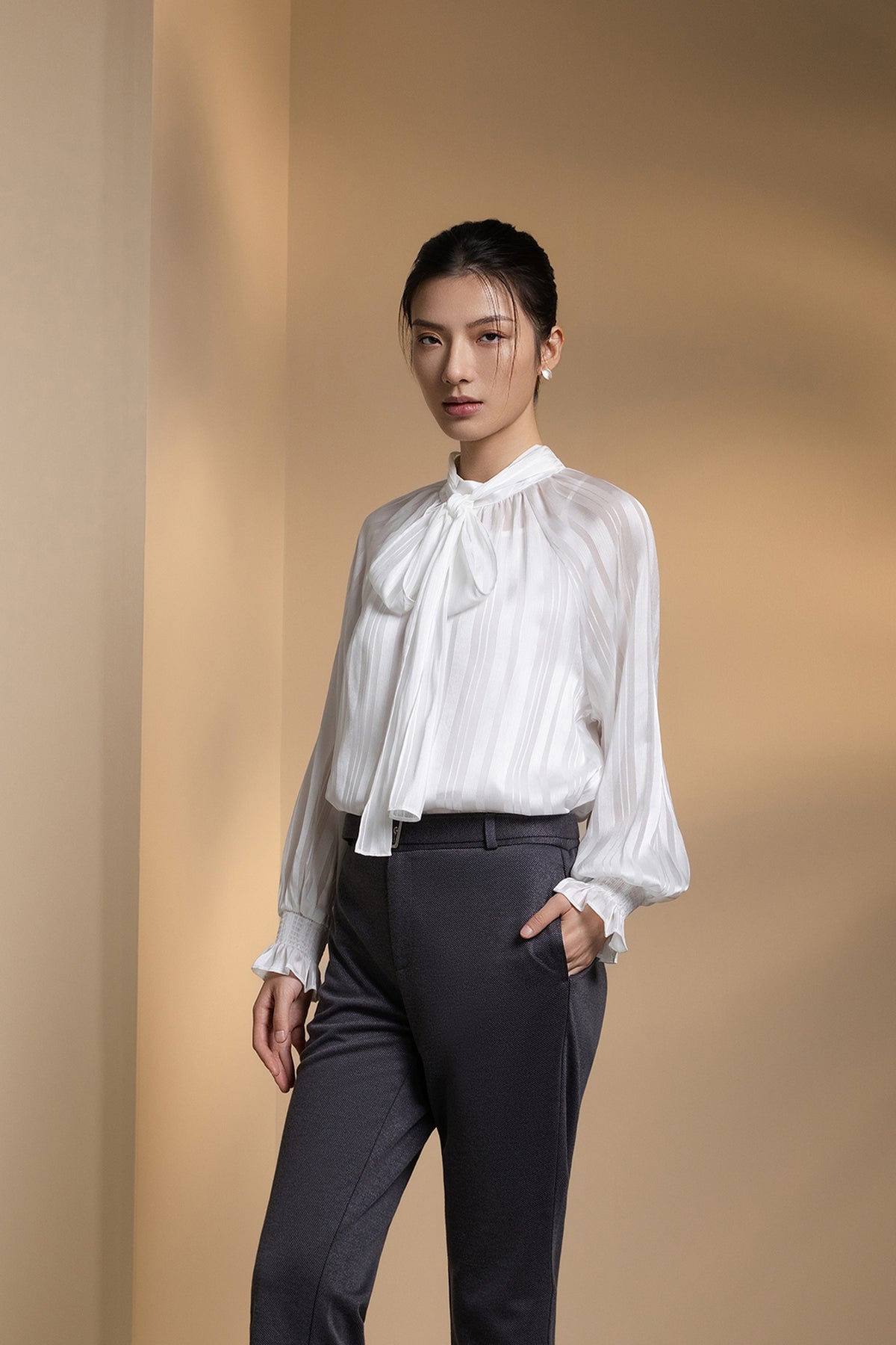 G2000 WOMAN-striped-stand-collar-blouse-66241037-White