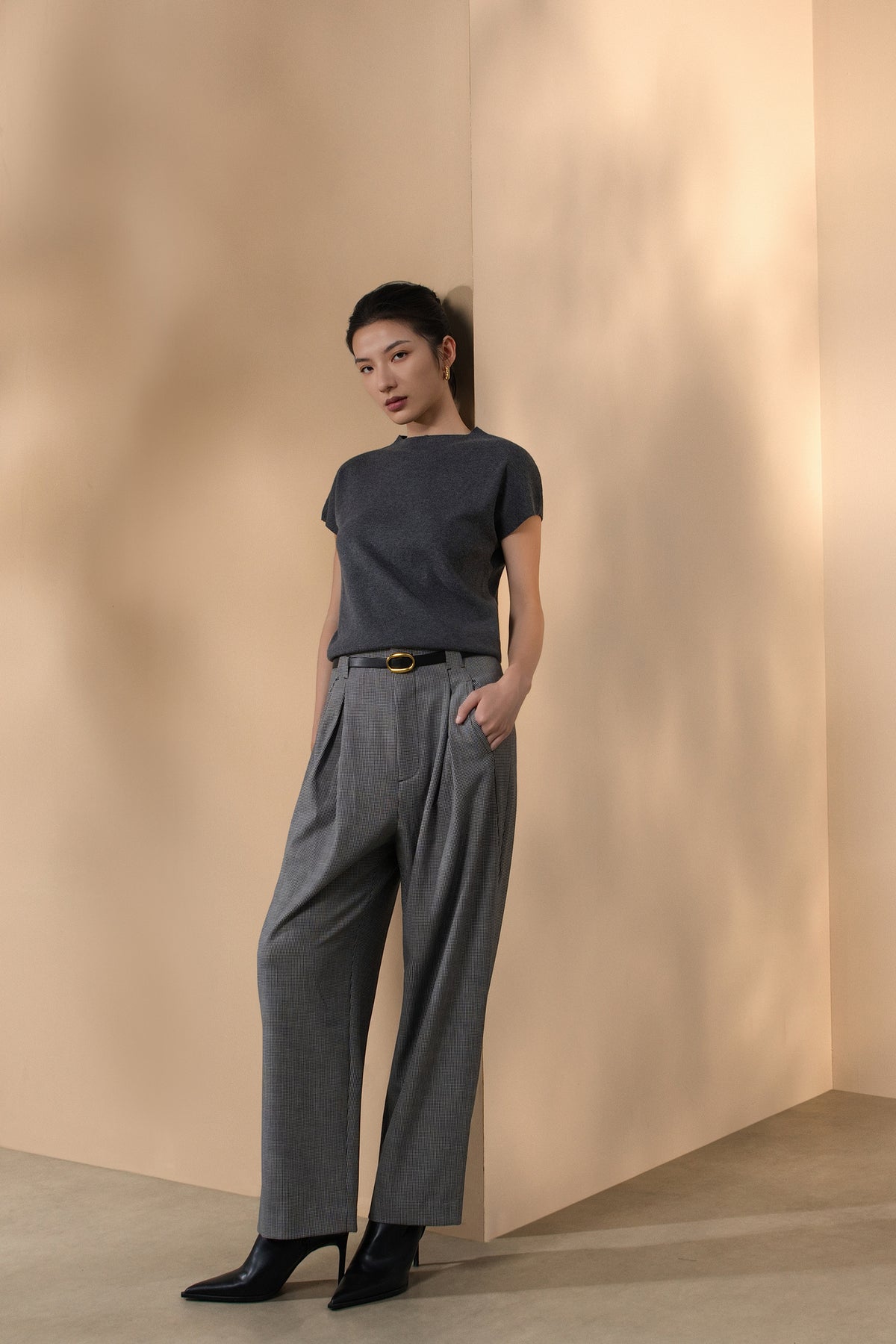 G2000 WOMAN-houndstooth-machine-washable-casual-pants-(with-belt)-66262060-Black