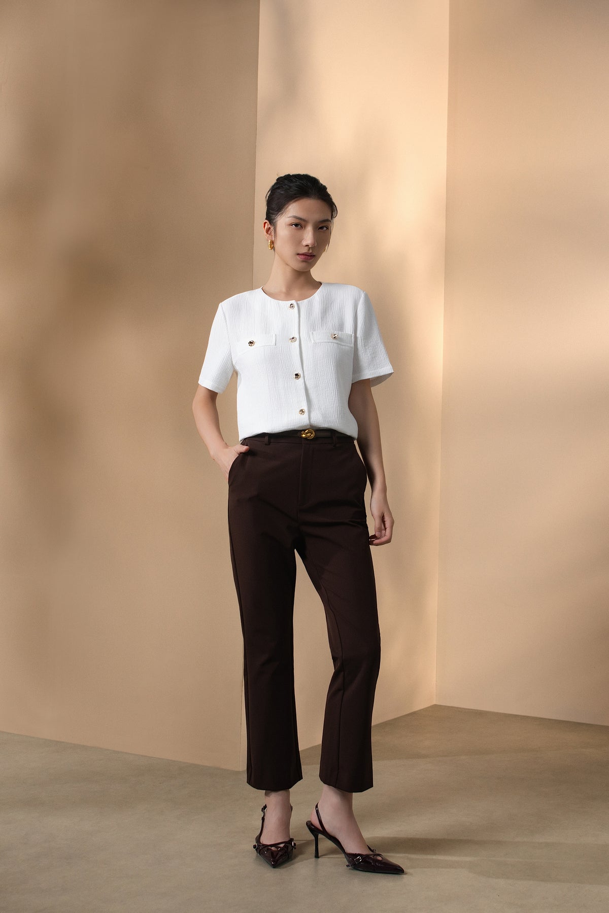 G2000 WOMAN-multi-way-stretch-plain-casual-pants-(with-belt)-66269044-Brown