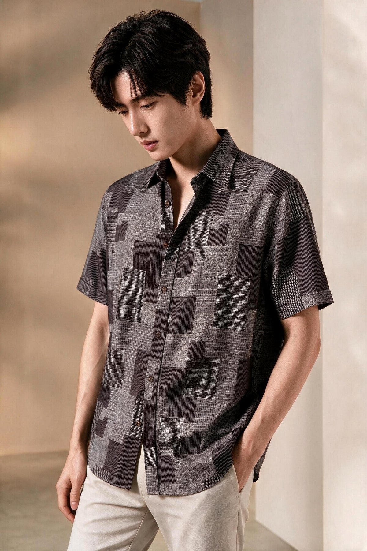 BLAACK MAN-blaack-pure-cotton-classic-collar-short-sleeve-casual-shirt-66431494-Brwon