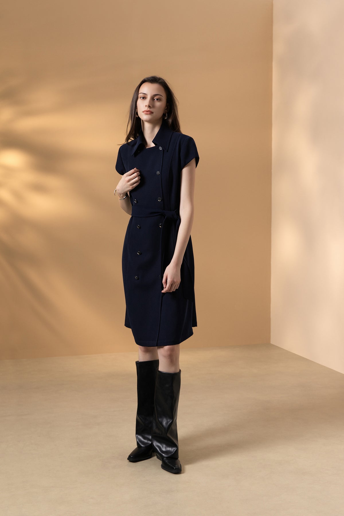BLAACK WOMAN-blaack-dobby-lapel-collar-dress-(with-detachable-self-fabric-belt)-66931056-Blue