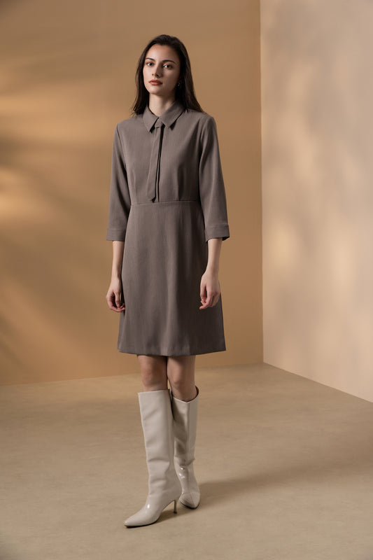 BLAACK WOMAN-blaack-dobby-shirt-collar-dress-(with-detachable-tie)-66932062-Brown