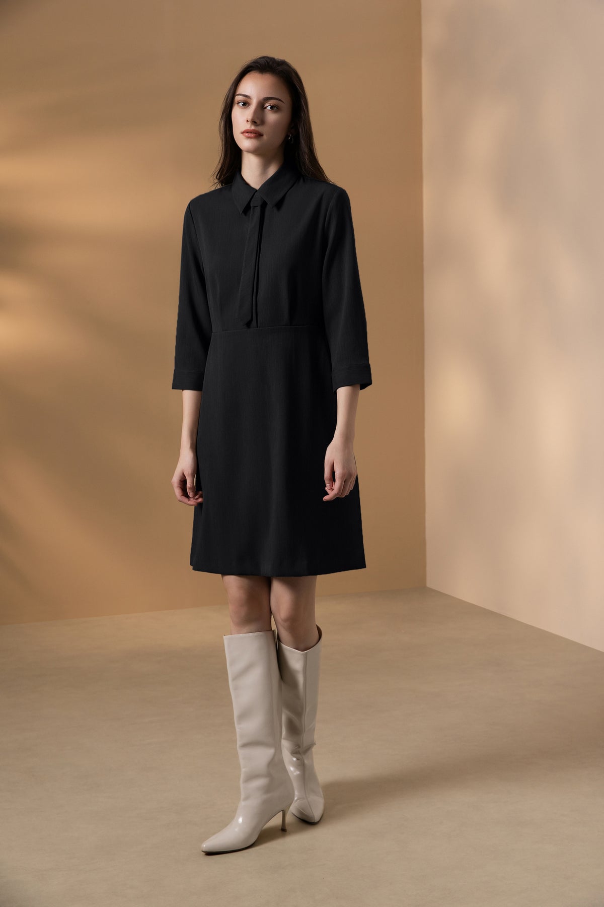 BLAACK WOMAN-blaack-dobby-shirt-collar-dress-(with-detachable-tie)-66932062-Black