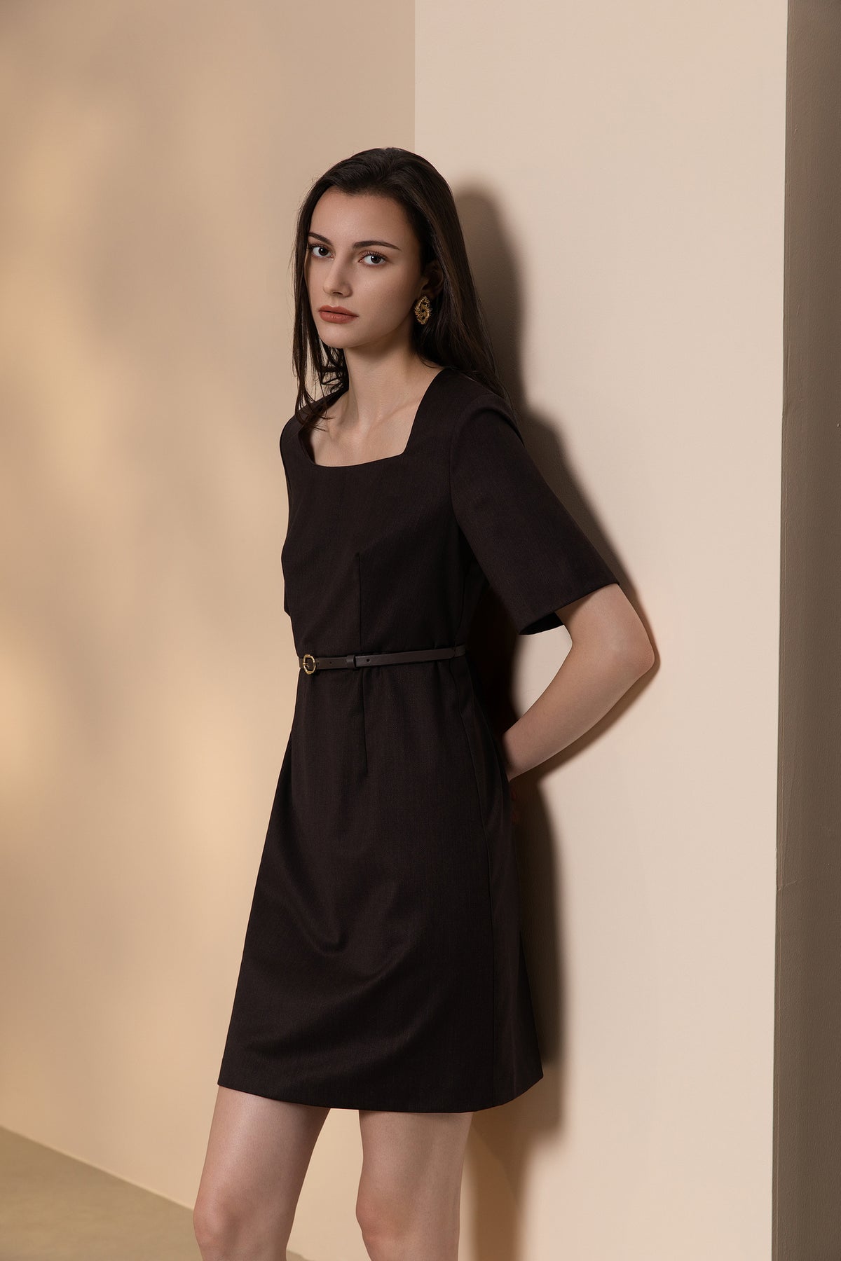 BLAACK WOMAN-blaack-wool-blend-twill-dress-(with-belt)-66934022-Brown
