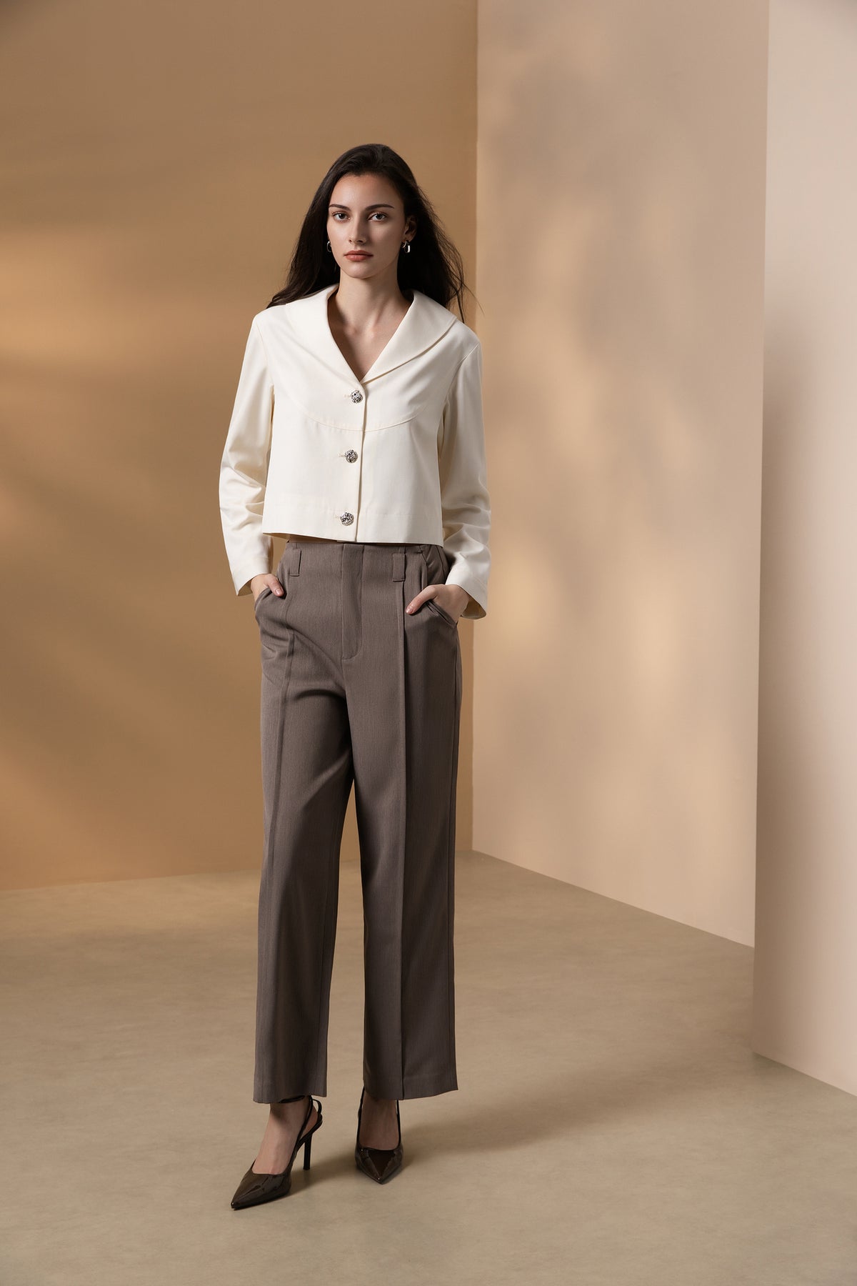BLAACK WOMAN-blaack-dobby-machine-washable-casual-pants-(with-belt-bag)-66961023-Brown